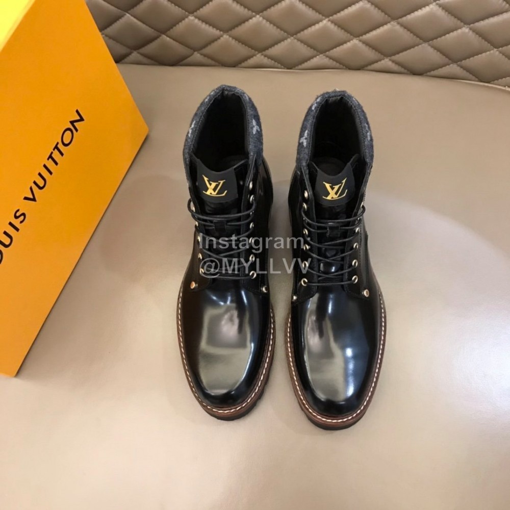 LV Black Patent Leather Short Boots For Men 