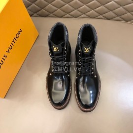 LV Black Patent Leather Short Boots For Men 