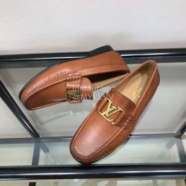 LV Cowhide Letter Buckle Business Loafers For Men Brown
