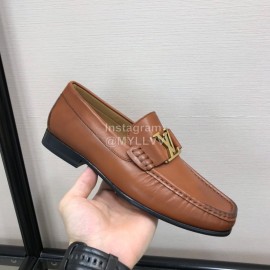LV Cowhide Letter Buckle Business Loafers For Men Brown