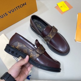 LV Classic Monogram Printed Calf Leather Loafers For Men Coffee