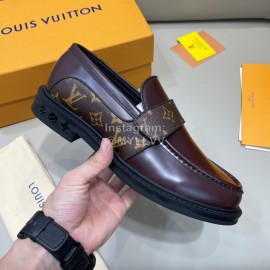 LV Classic Monogram Printed Calf Leather Loafers For Men Coffee