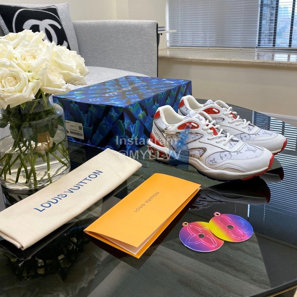 Lv Couple Calf Leather Retro Sneakers Red