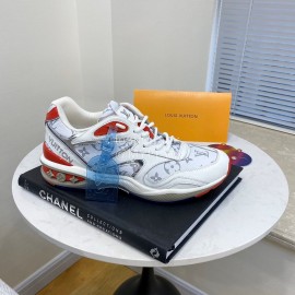 Lv Couple Calf Leather Retro Sneakers Red