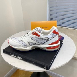 Lv Couple Calf Leather Retro Sneakers Red