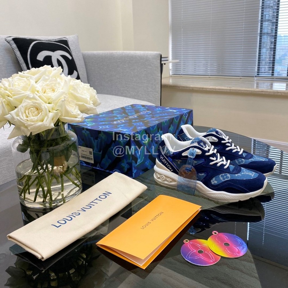 Lv Couple Calf Leather Retro Sneakers Blue