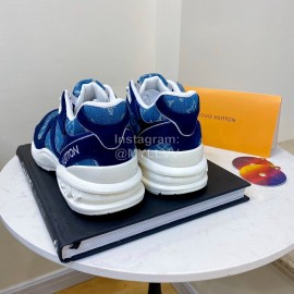 Lv Couple Calf Leather Retro Sneakers Blue