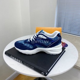 Lv Couple Calf Leather Retro Sneakers Blue