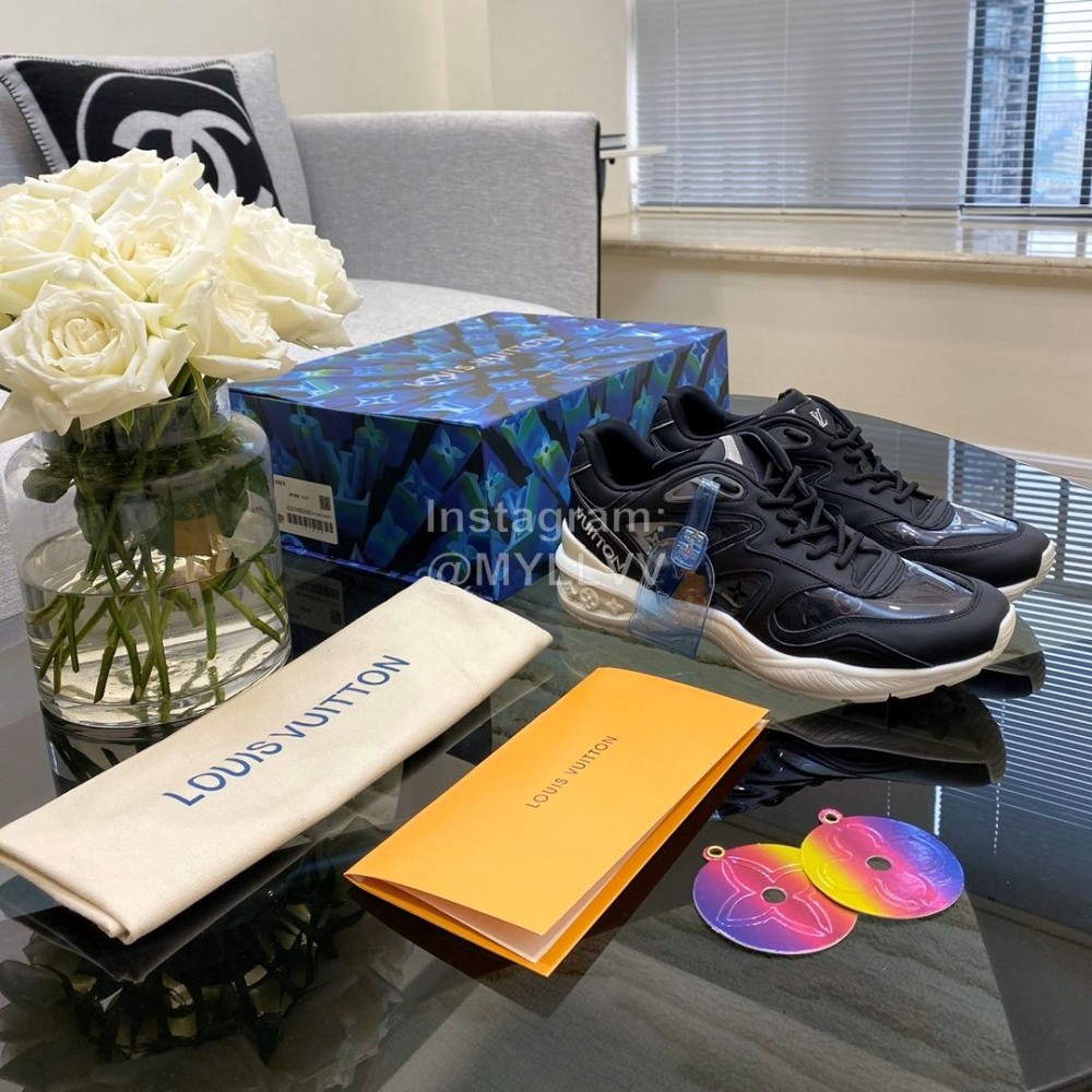 Lv Couple Black Calf Leather Retro Sneakers