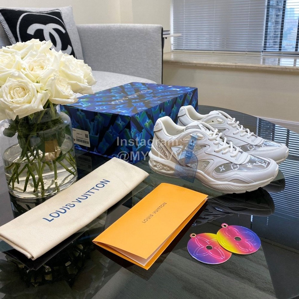 Lv Couple White Calf Leather Retro Sneakers