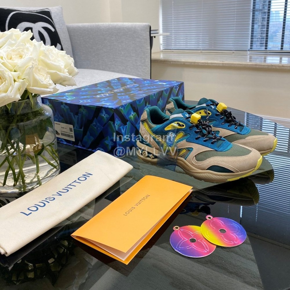 Lv Couple Calf Leather Retro Sneakers Green