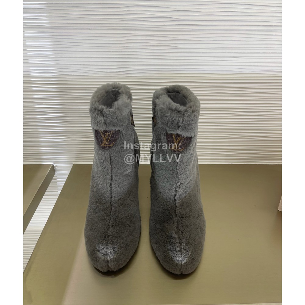 Lv Winter Rabbit Hair Thick High Heel Boots For Women Gray