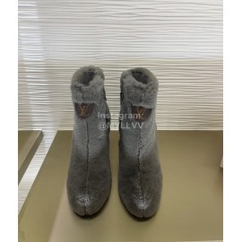 Lv Winter Rabbit Hair Thick High Heel Boots For Women Gray