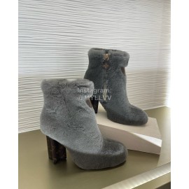 Lv Winter Rabbit Hair Thick High Heel Boots For Women Gray