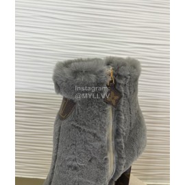 Lv Winter Rabbit Hair Thick High Heel Boots For Women Gray