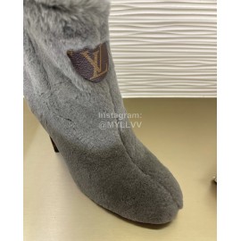 Lv Winter Rabbit Hair Thick High Heel Boots For Women Gray