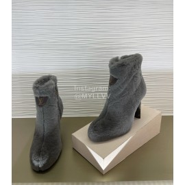 Lv Winter Rabbit Hair Thick High Heel Boots For Women Gray