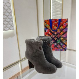 Lv Winter Rabbit Hair Thick High Heel Boots For Women Gray