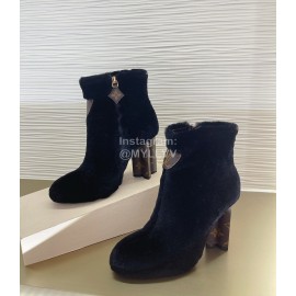 Lv Winter Rabbit Hair Thick High Heel Boots For Women Black