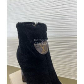 Lv Winter Rabbit Hair Thick High Heel Boots For Women Black