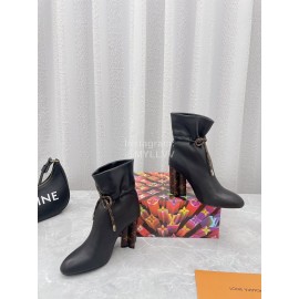 Lv Winter Soft Calf Thick High Heeled Boots For Women Black