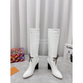 Lv Winter Soft Calf Thick High Heeled Long Boots For Women White