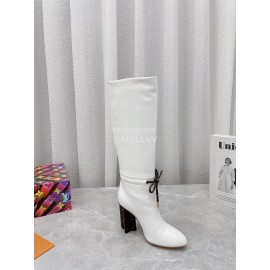 Lv Winter Soft Calf Thick High Heeled Long Boots For Women White