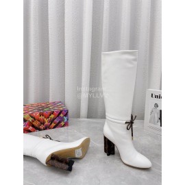 Lv Winter Soft Calf Thick High Heeled Long Boots For Women White