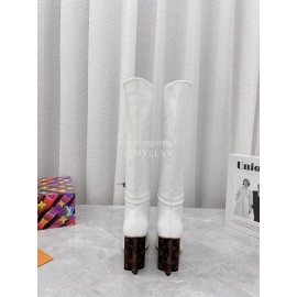Lv Winter Soft Calf Thick High Heeled Long Boots For Women White