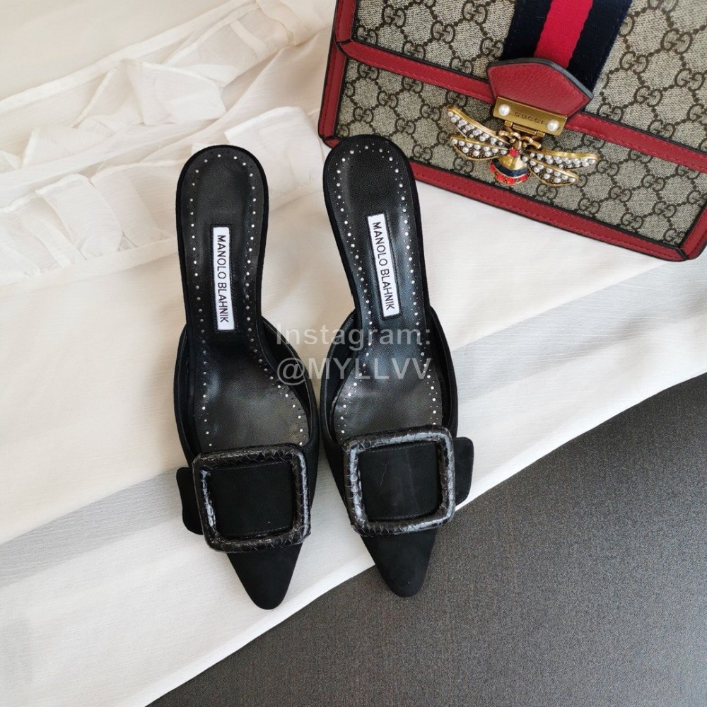 Manolo Blahnik Fashion Sheepskin Square Buckle High Heel Muller Slippers Black
