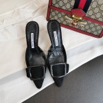 Manolo Blahnik Fashion Sheepskin Square Buckle High Heel Muller Slippers Black