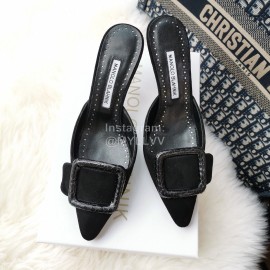Manolo Blahnik Fashion Sheepskin Square Buckle High Heel Muller Slippers Black