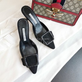Manolo Blahnik Fashion Sheepskin Square Buckle High Heel Muller Slippers Black