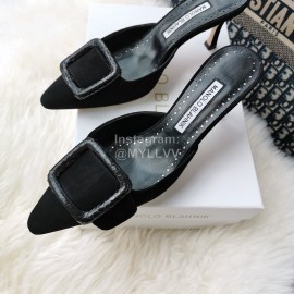 Manolo Blahnik Fashion Sheepskin Square Buckle High Heel Muller Slippers Black