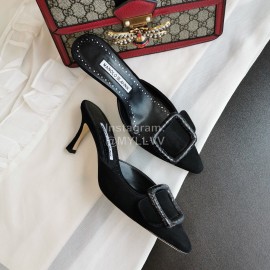 Manolo Blahnik Fashion Sheepskin Square Buckle High Heel Muller Slippers Black
