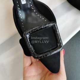 Manolo Blahnik Fashion Sheepskin Square Buckle High Heel Muller Slippers Black