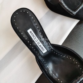 Manolo Blahnik Fashion Sheepskin Square Buckle High Heel Muller Slippers Black
