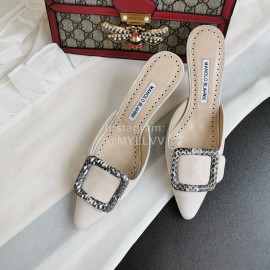 Manolo Blahnik Fashion Sheepskin Square Buckle High Heel Muller Slippers Beige