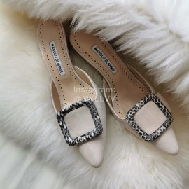 Manolo Blahnik Fashion Sheepskin Square Buckle High Heel Muller Slippers Beige