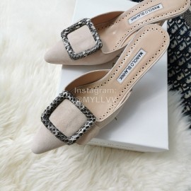 Manolo Blahnik Fashion Sheepskin Square Buckle High Heel Muller Slippers Beige