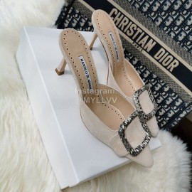 Manolo Blahnik Fashion Sheepskin Square Buckle High Heel Muller Slippers Beige
