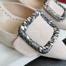 Manolo Blahnik Fashion Sheepskin Square Buckle High Heel Muller Slippers Beige