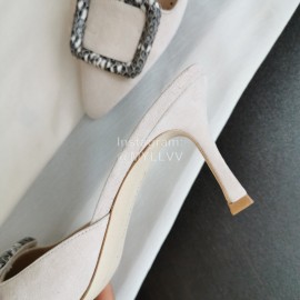 Manolo Blahnik Fashion Sheepskin Square Buckle High Heel Muller Slippers Beige