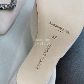 Manolo Blahnik Fashion Sheepskin Square Buckle High Heel Muller Slippers Beige