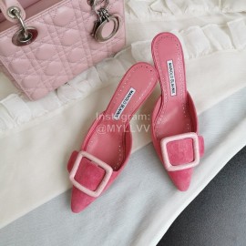 Manolo Blahnik Fashion Sheepskin Square Buckle High Heel Muller Slippers Rose Red