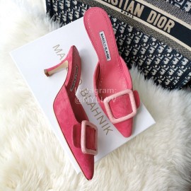 Manolo Blahnik Fashion Sheepskin Square Buckle High Heel Muller Slippers Rose Red