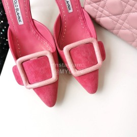 Manolo Blahnik Fashion Sheepskin Square Buckle High Heel Muller Slippers Rose Red