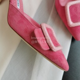 Manolo Blahnik Fashion Sheepskin Square Buckle High Heel Muller Slippers Rose Red