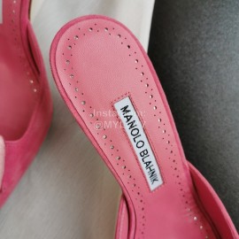 Manolo Blahnik Fashion Sheepskin Square Buckle High Heel Muller Slippers Rose Red