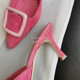 Manolo Blahnik Fashion Sheepskin Square Buckle High Heel Muller Slippers Rose Red